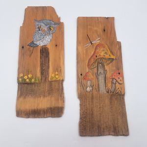 Vintage Handpainted Owl And Mushrooms Wooden Roof Shakers Primitive Upcycled Art